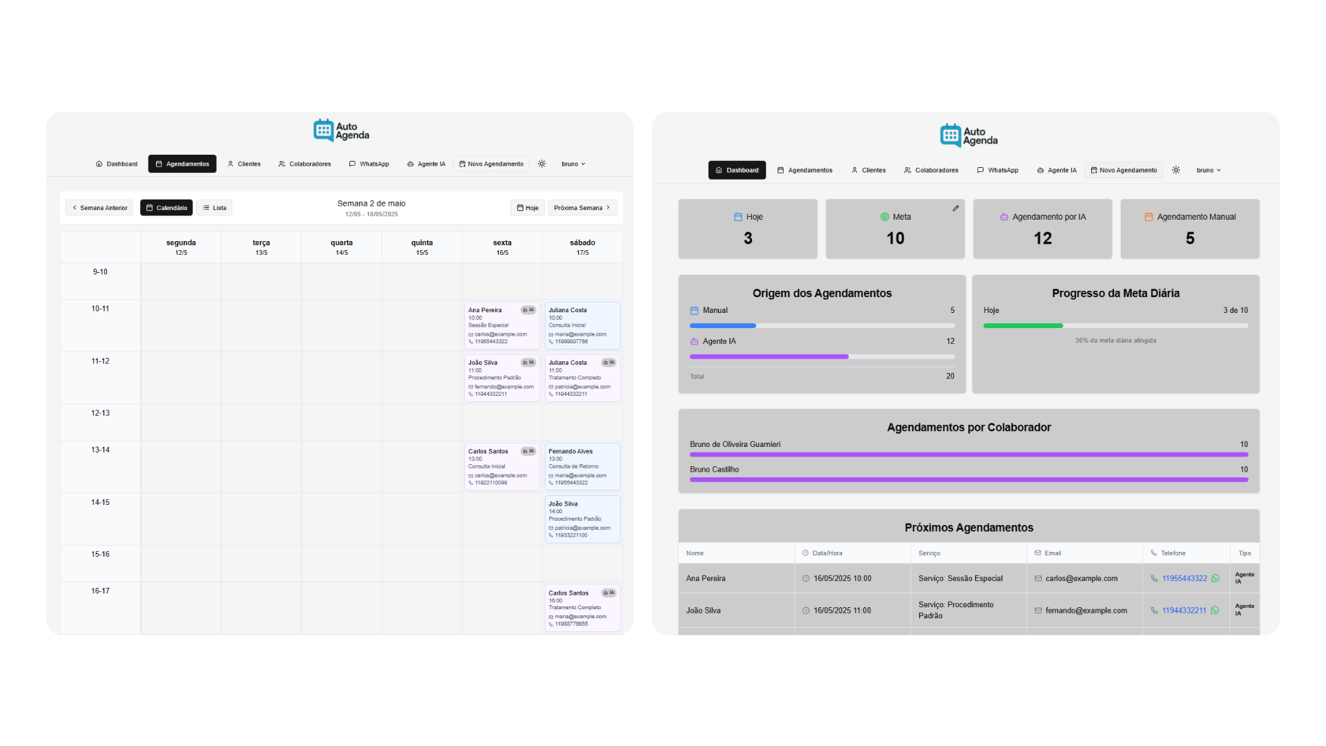modern dashboard interface showing appointment calendar, chat history and analytics, clean UI design with blue color scheme