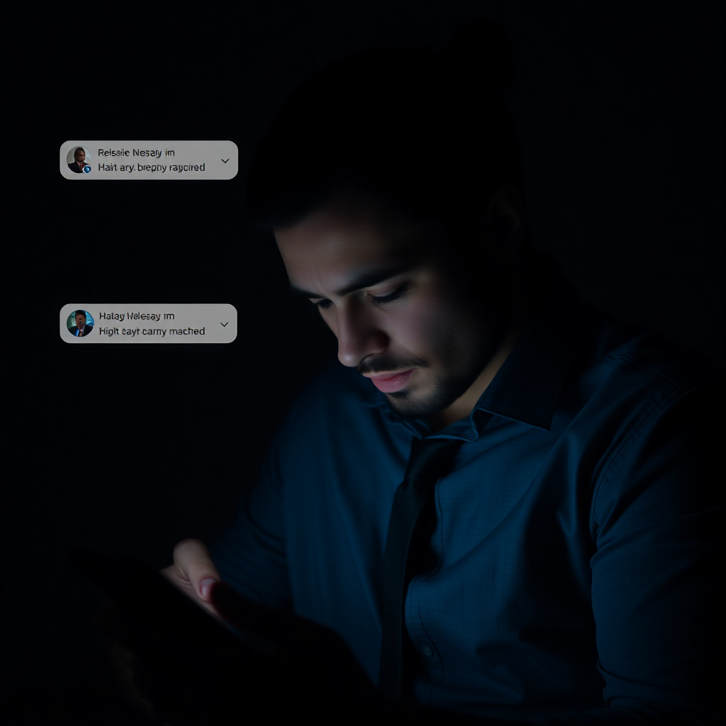 exhausted business owner answering messages at night, overwhelmed with work, smartphone with multiple notifications, dark room
