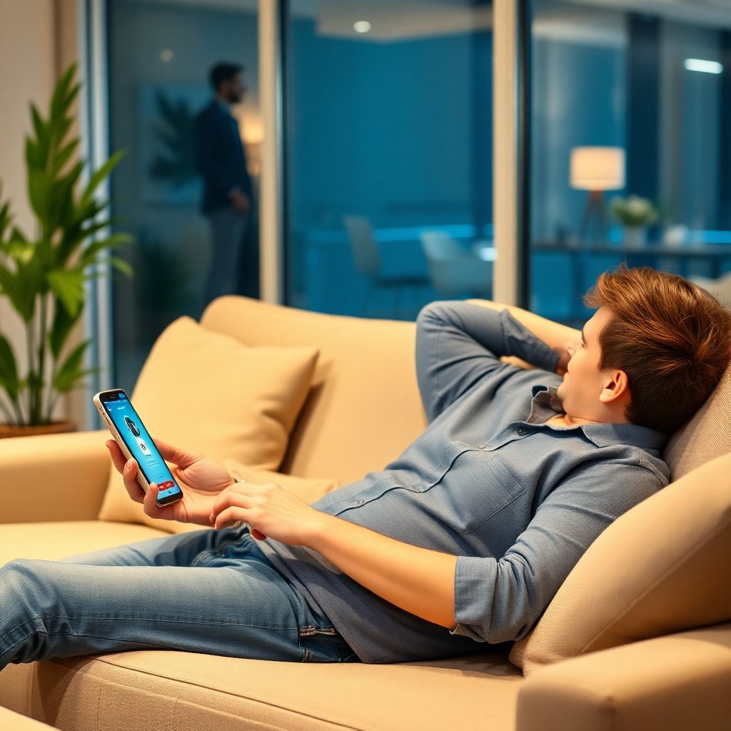 relaxed business owner on couch while smartphone shows AI chatbot working, peaceful environment, modern living room